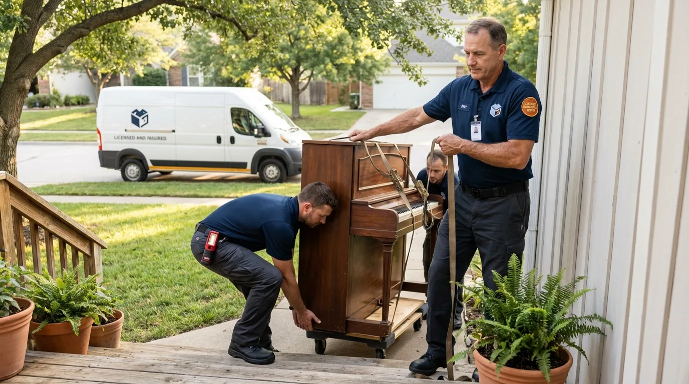 Licensed piano movers securing grand piano in Lorenzo, TX