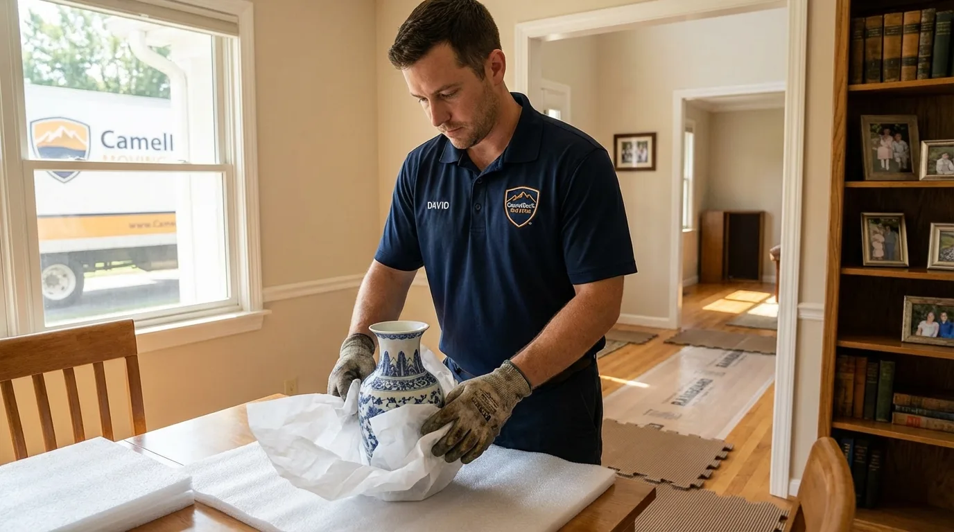 Professional crew carefully wrapping antique vase for senior downsizing move in Lorenzo, TX